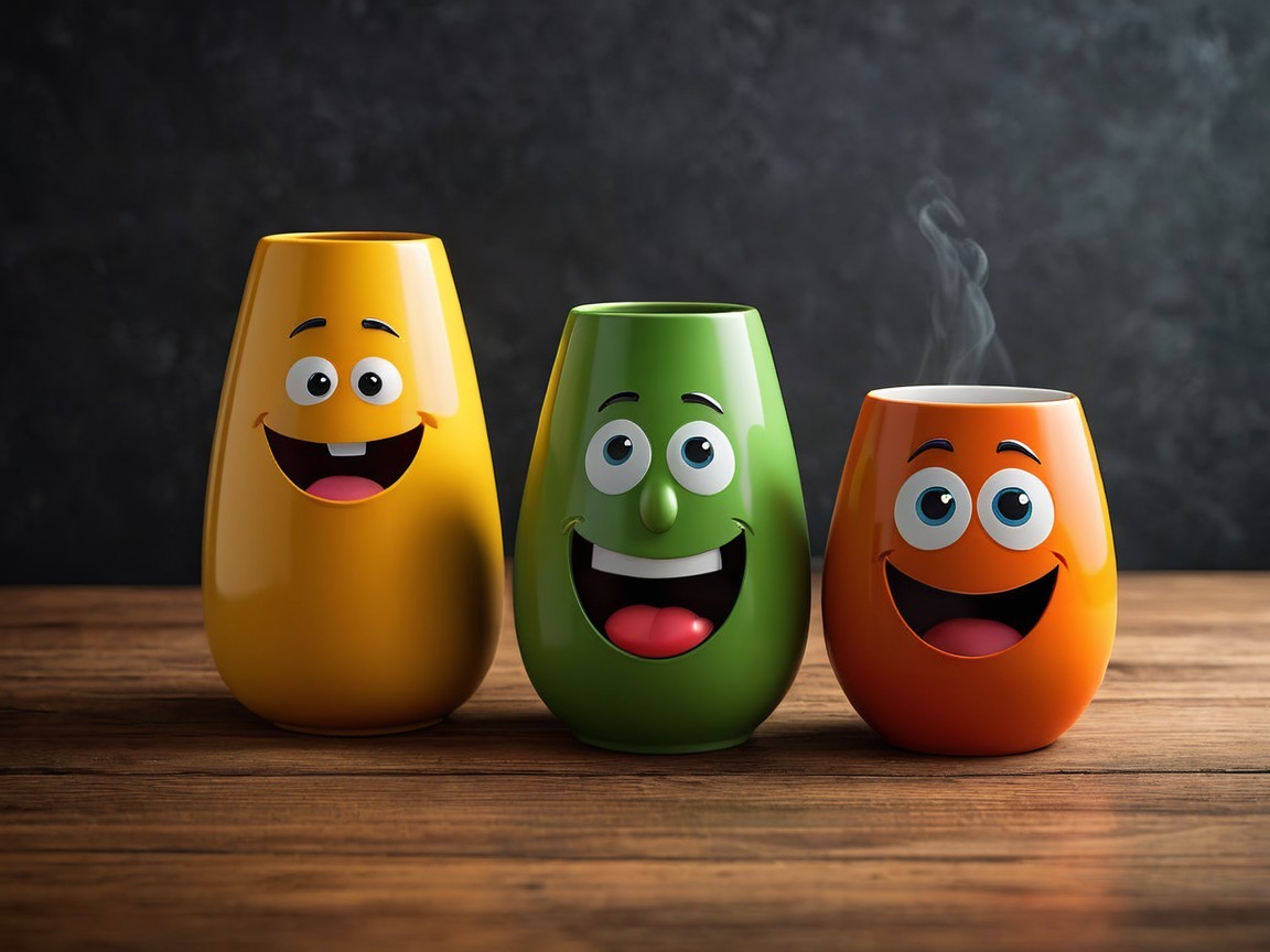 Colorful Cartoon Cups with Cheerful Faces on Tabletop