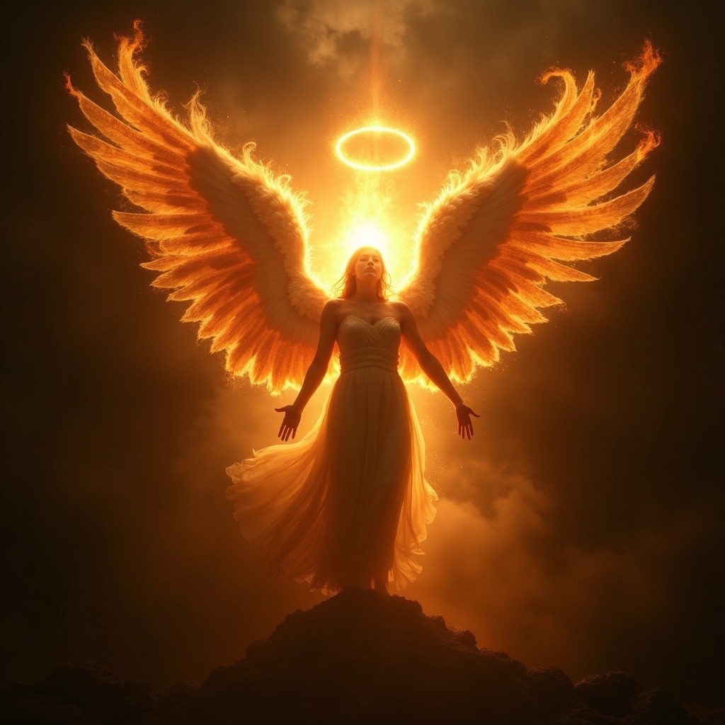 Majestic Figure with Fiery Wings on Dark Mountain