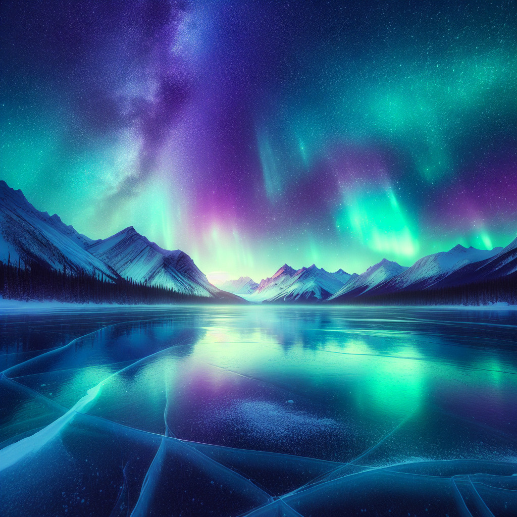 Winter Landscape with Frozen Lake and Northern Lights
