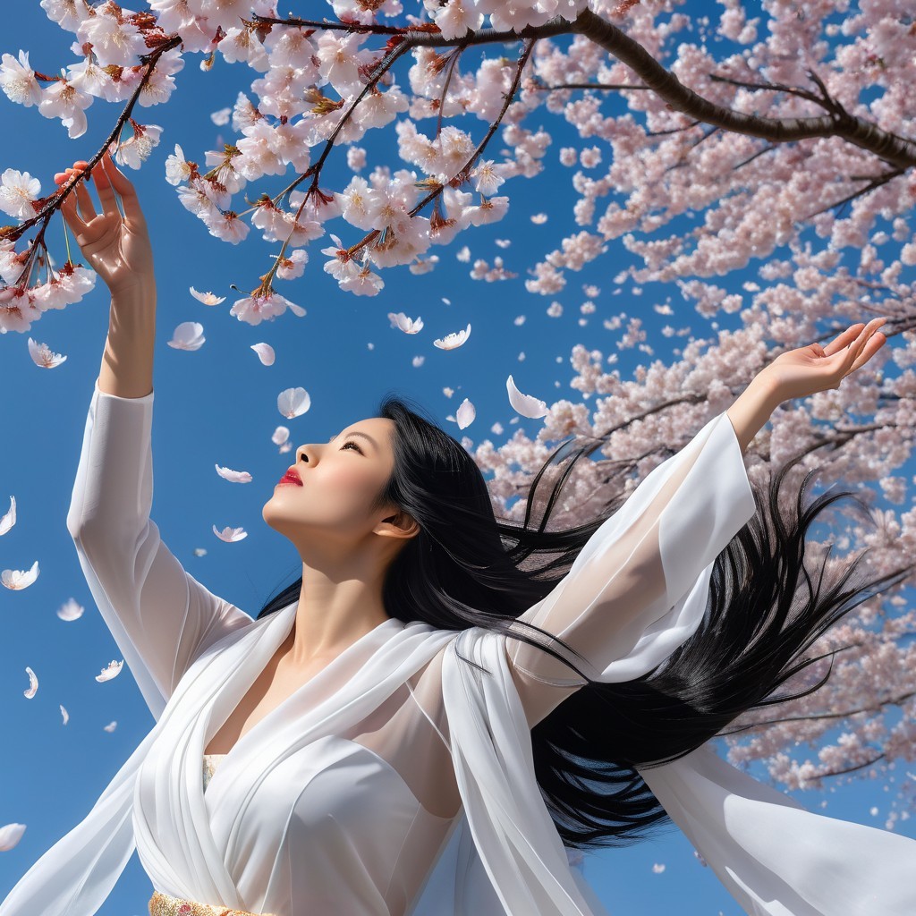 Serene Woman in White Amidst Cherry Blossoms