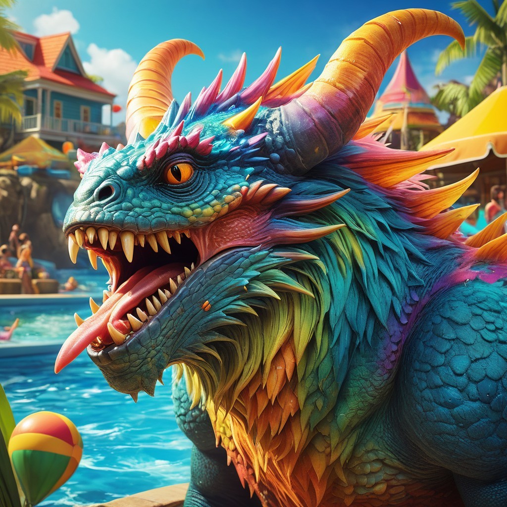 Vibrant Dragon in Tropical Amusement Park Setting
