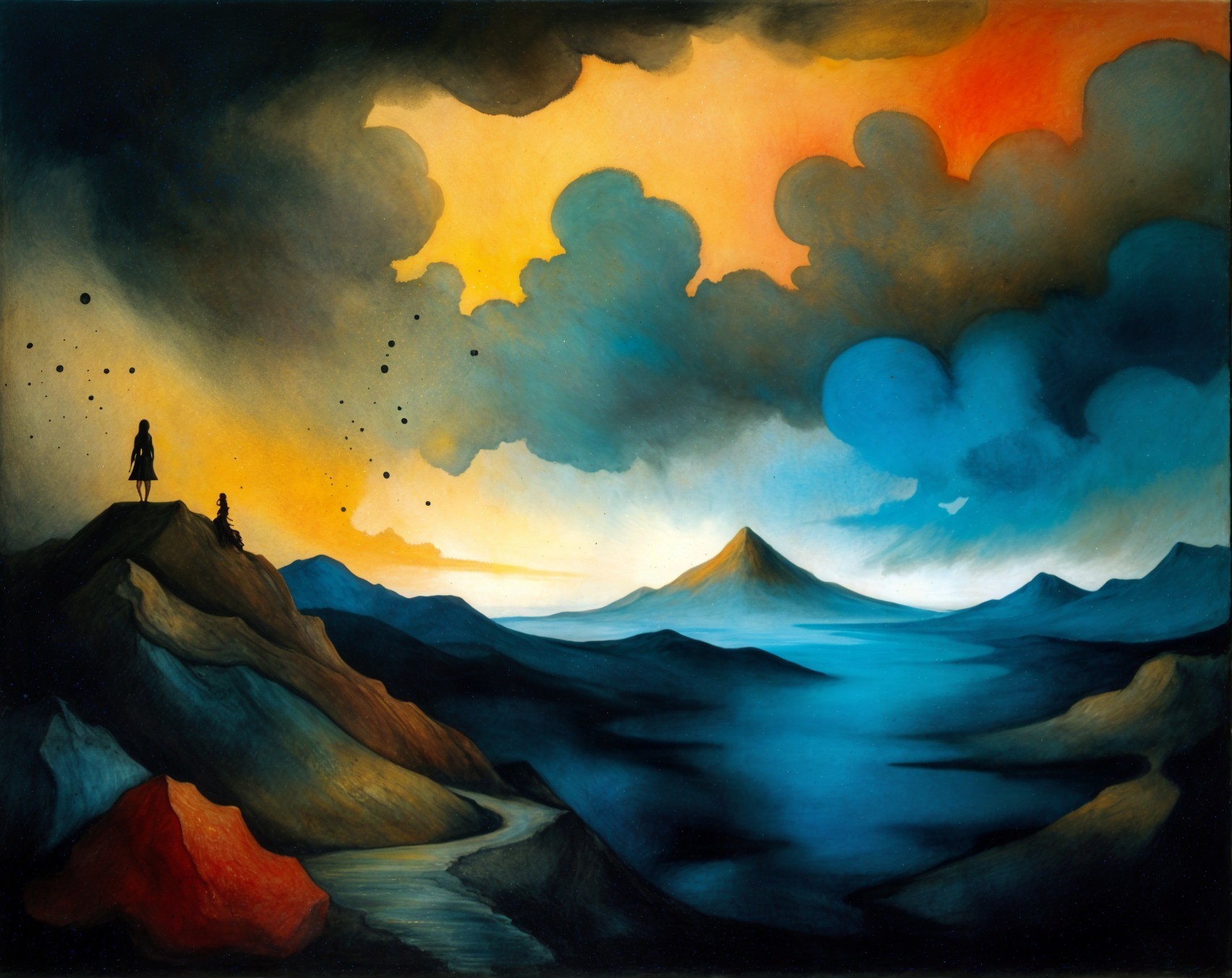 Surreal Landscape with Mountains and Dramatic Sky