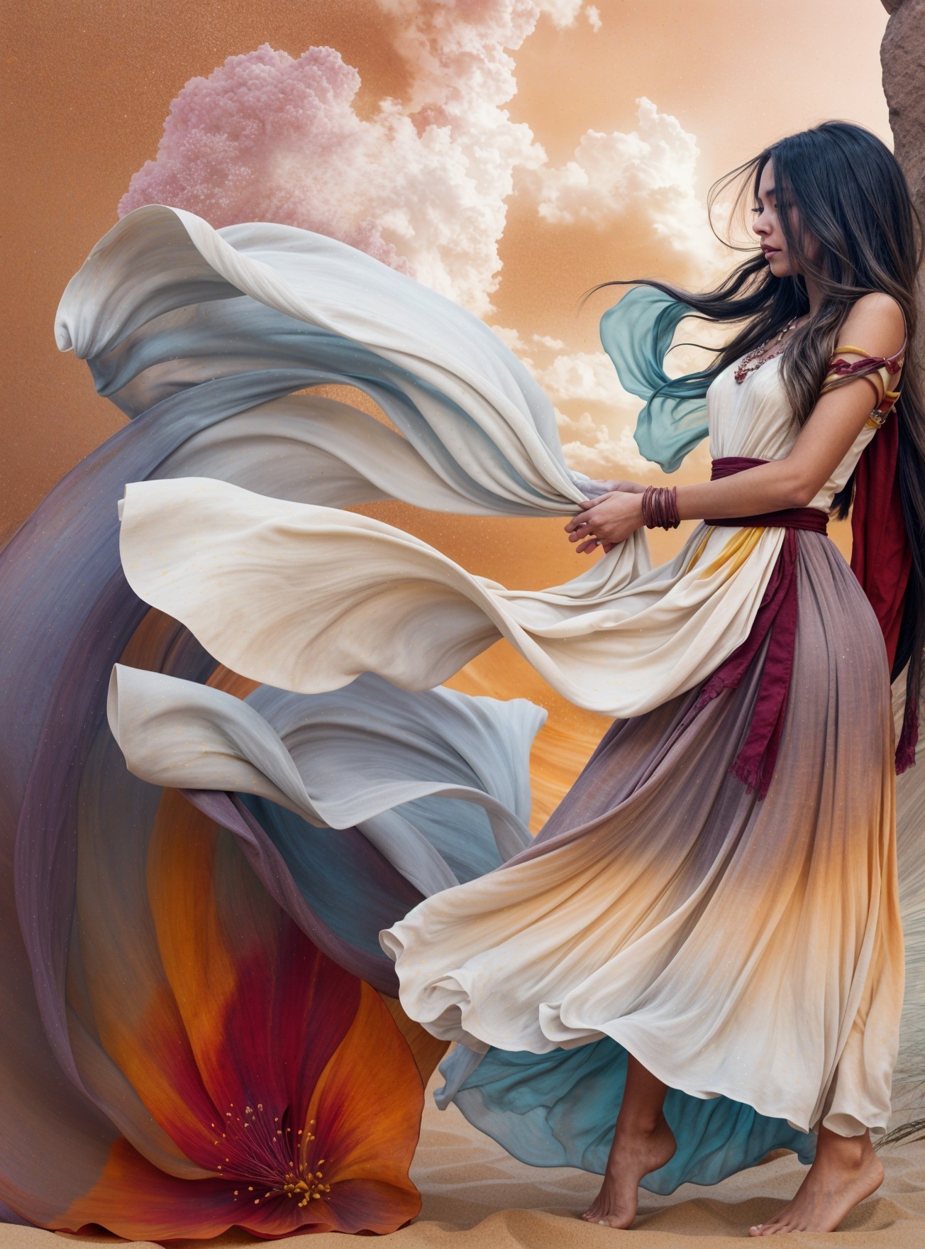 Elegant Woman in Surreal Landscape with Vibrant Colors