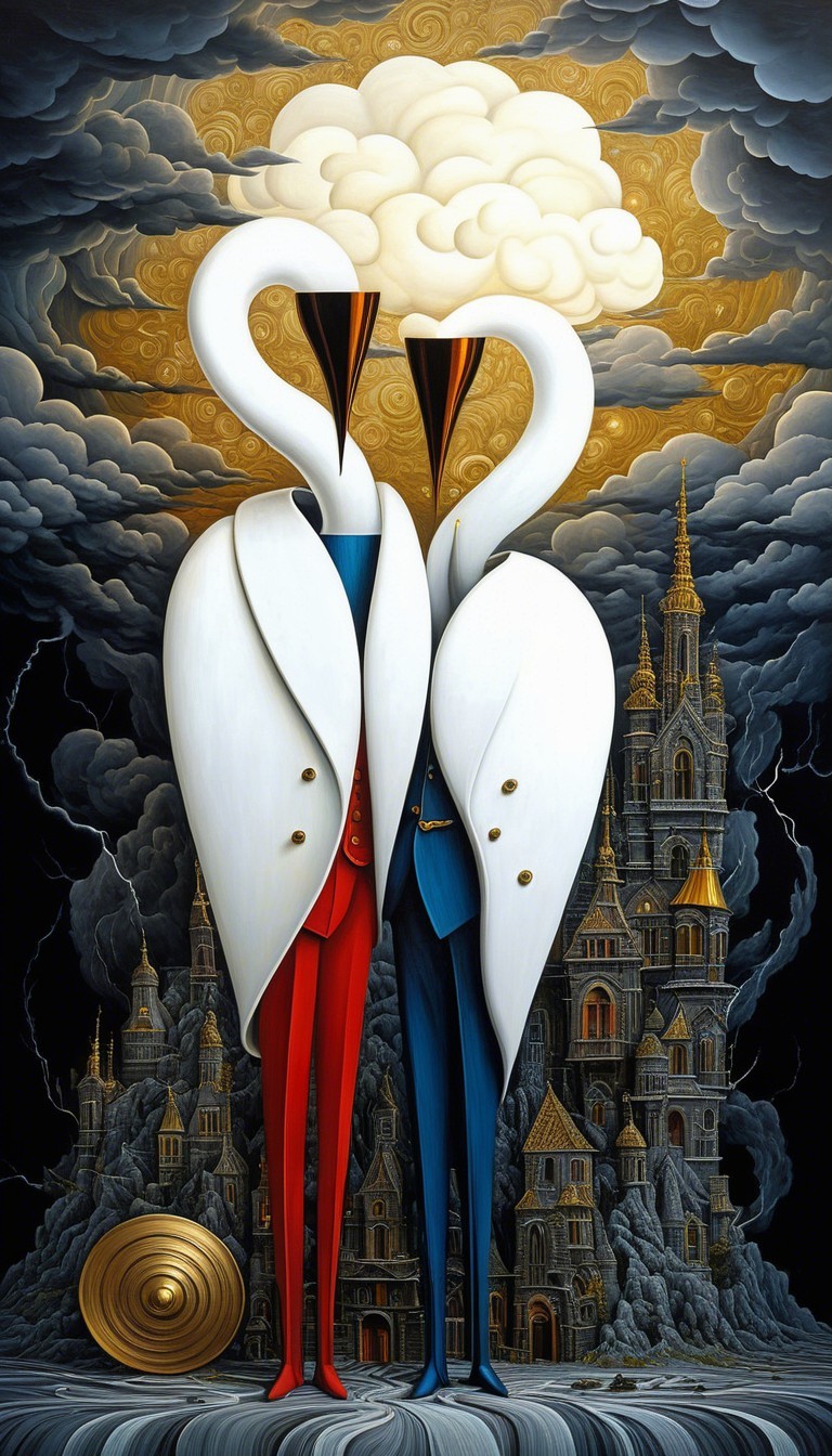 Surreal Scene of Swans Forming a Heart in Landscape