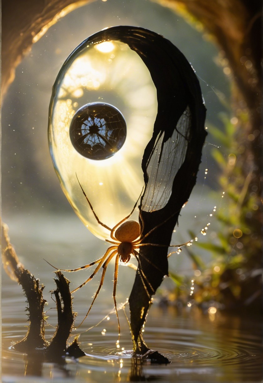 Spider Web on Branch with Sunlit Droplet Reflection