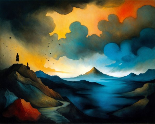 Surreal Landscape with Mountains and Dramatic Sky