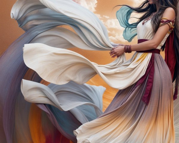 Elegant Woman in Surreal Landscape with Vibrant Colors