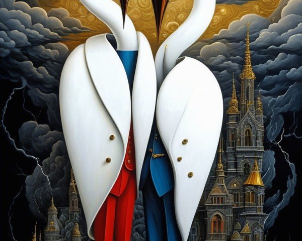 Surreal Scene of Swans Forming a Heart in Landscape