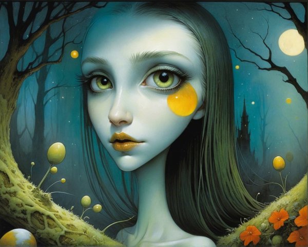 Ethereal Figure in Twilight Forest with Glowing Elements