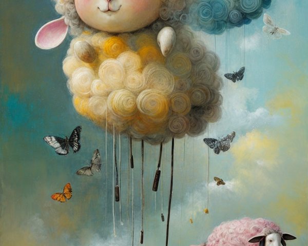 Whimsical Scene of Fluffy Sheep and Colorful Balloons