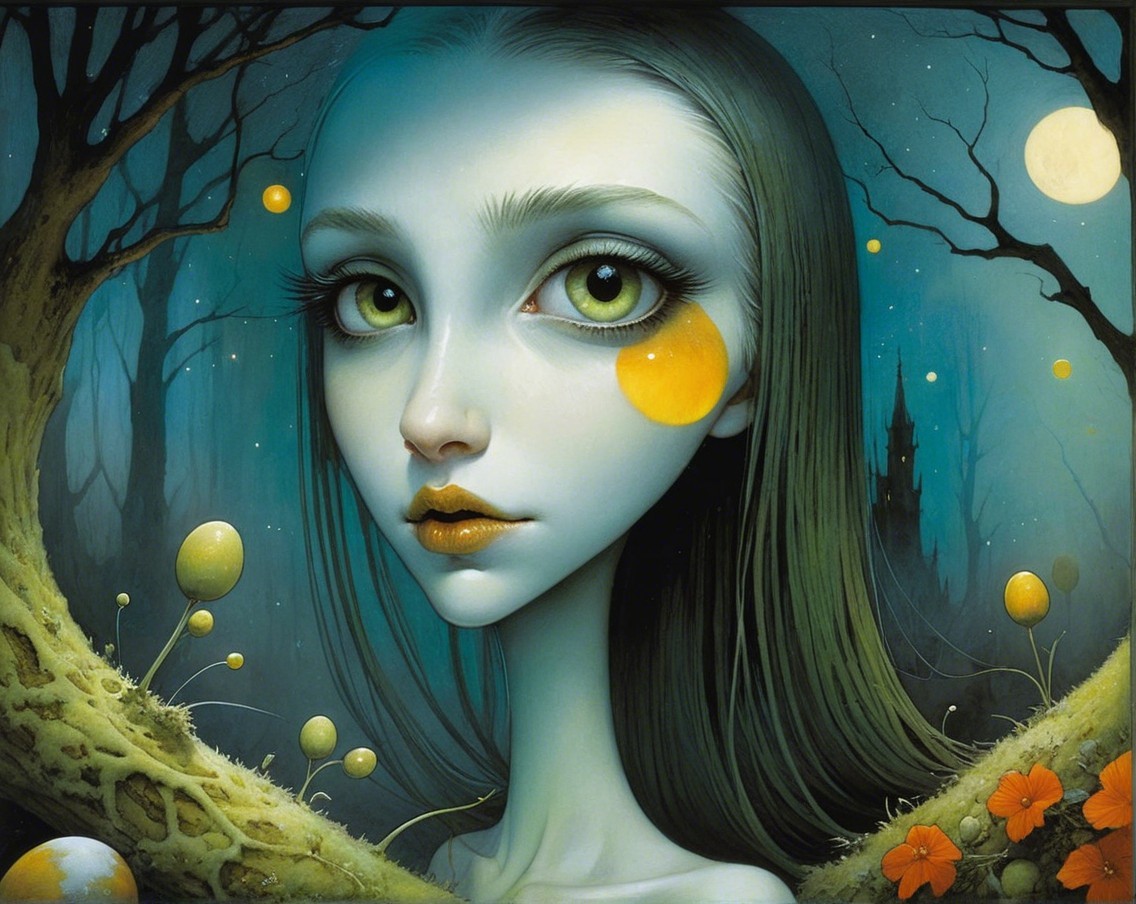 Ethereal Figure in Twilight Forest with Glowing Elements