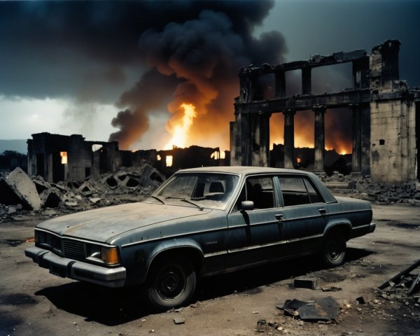 Weathered Sedan Amidst Destruction and Fire