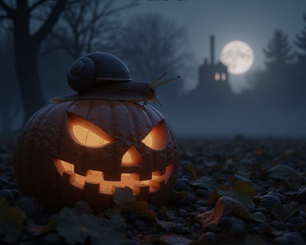 Glowing Pumpkin with Snail in Foggy Landscape