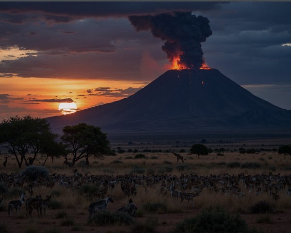 Volcanic Eruption with Sunset Over Gazelle-filled Savanna