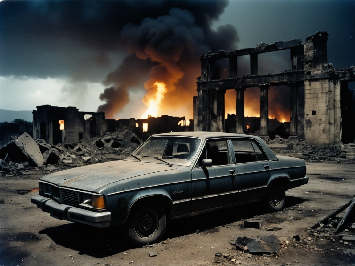 Weathered Sedan Amidst Destruction and Fire