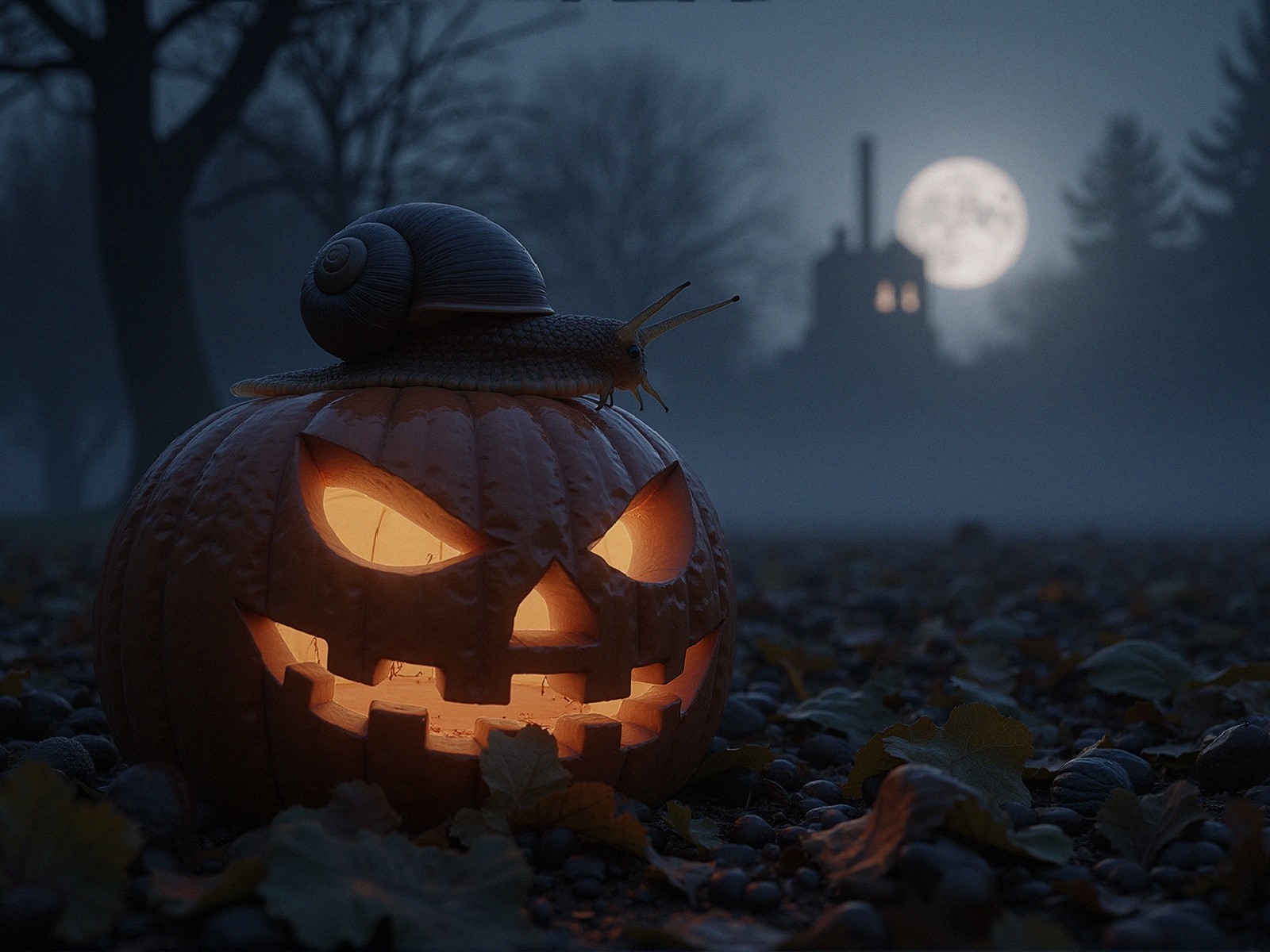 Glowing Pumpkin with Snail in Foggy Landscape