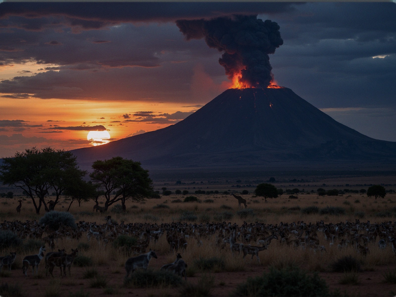 Volcanic Eruption with Sunset Over Gazelle-filled Savanna