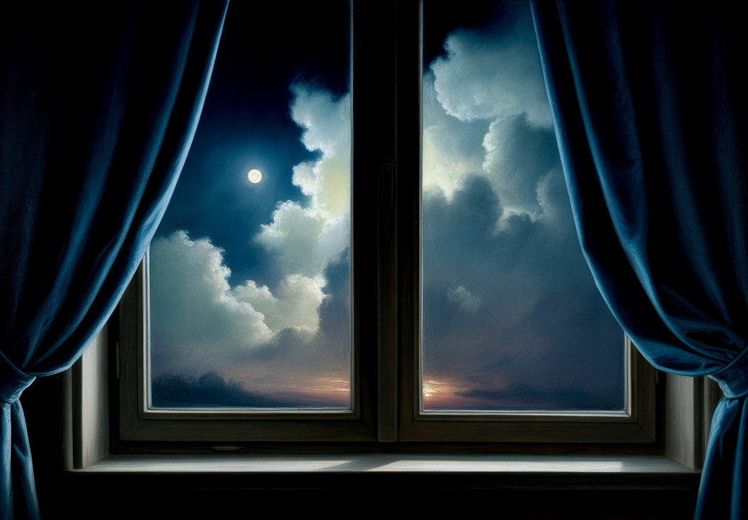 Serene Night Scene with Moonlit Clouds and Curtains