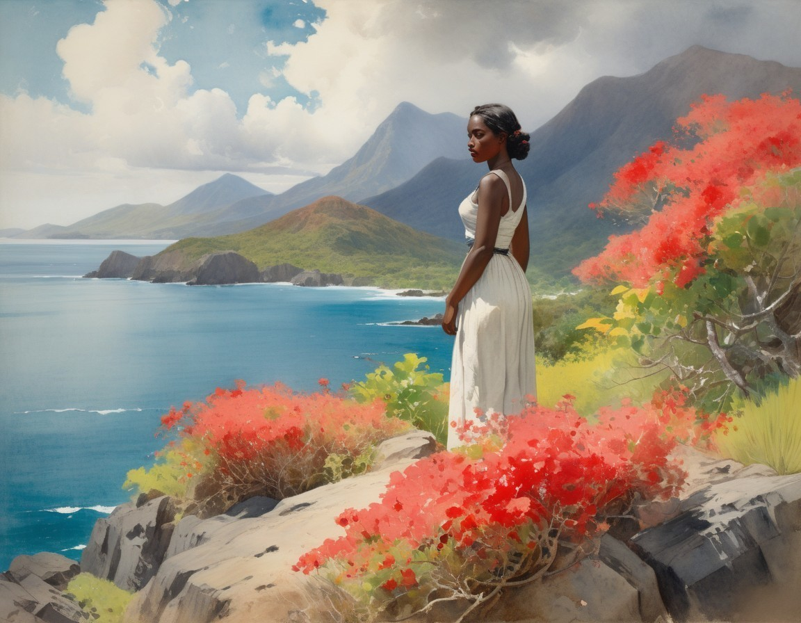 Woman in White Dress Overlooking Coastal Landscape