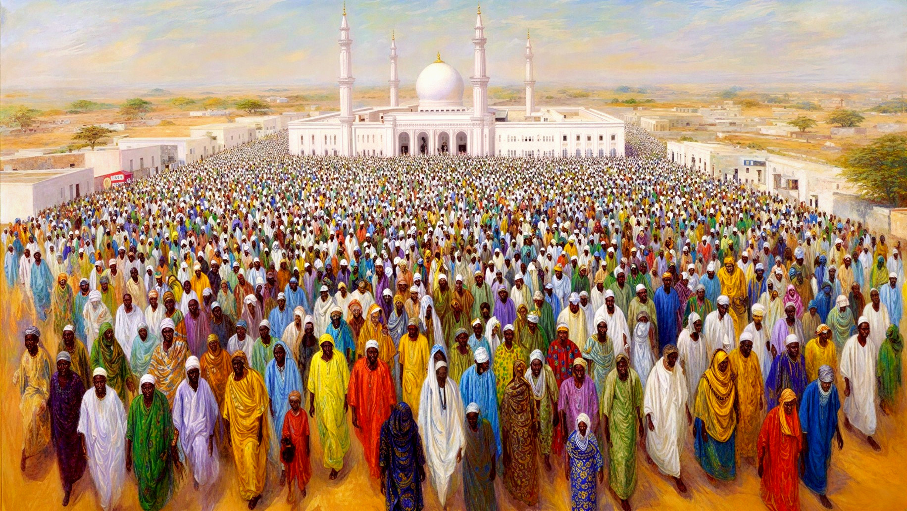Massive Gathering at a Grand Mosque in Oil Painting
