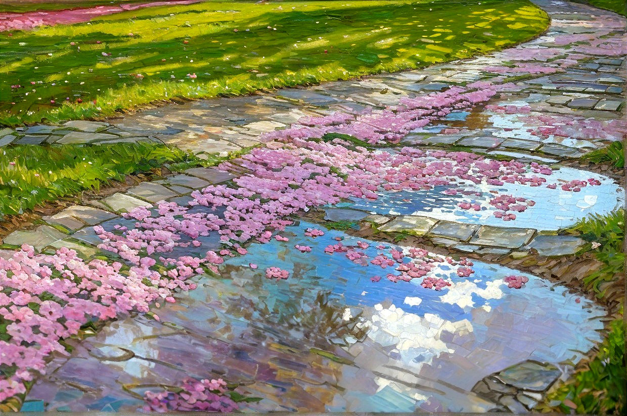 Winding Pathway with Pink Petals and Water Reflections