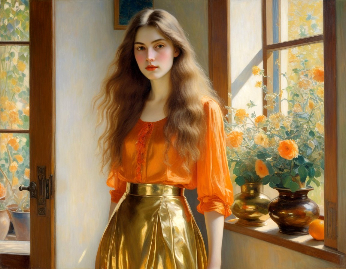 Young Woman by Sunlit Window with Vibrant Flowers
