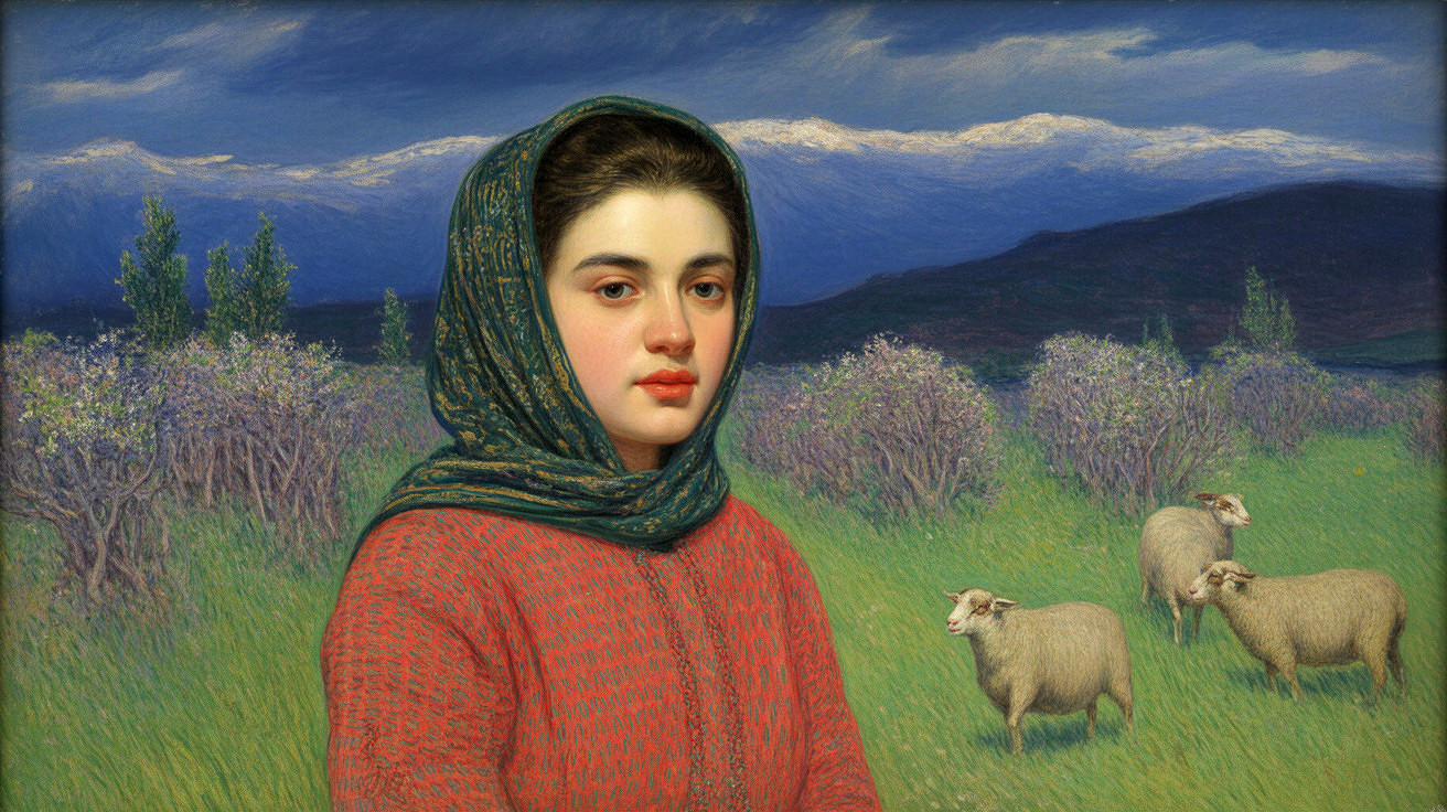 Young Woman in Red Sweater in Serene Landscape