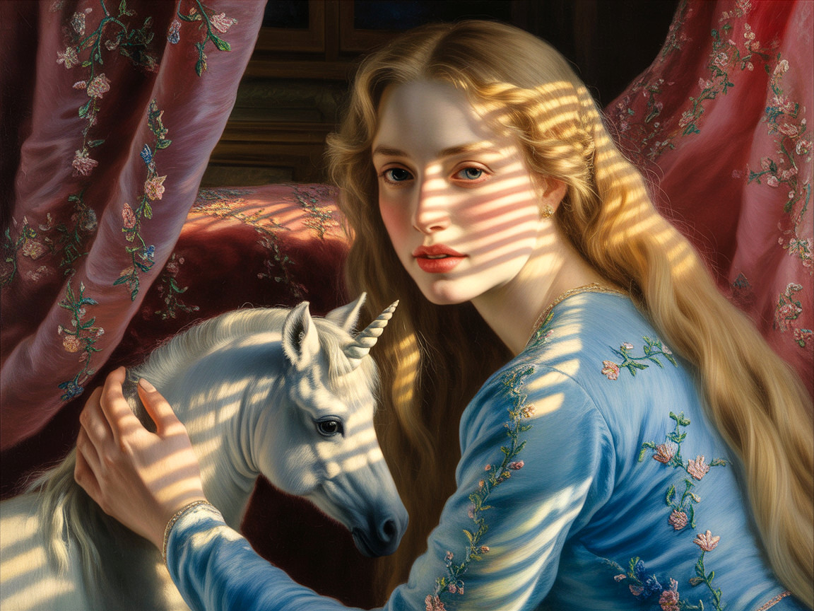 Young woman with unicorn in a serene fantasy setting