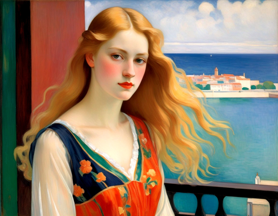 Young woman in floral dress gazing at the sea