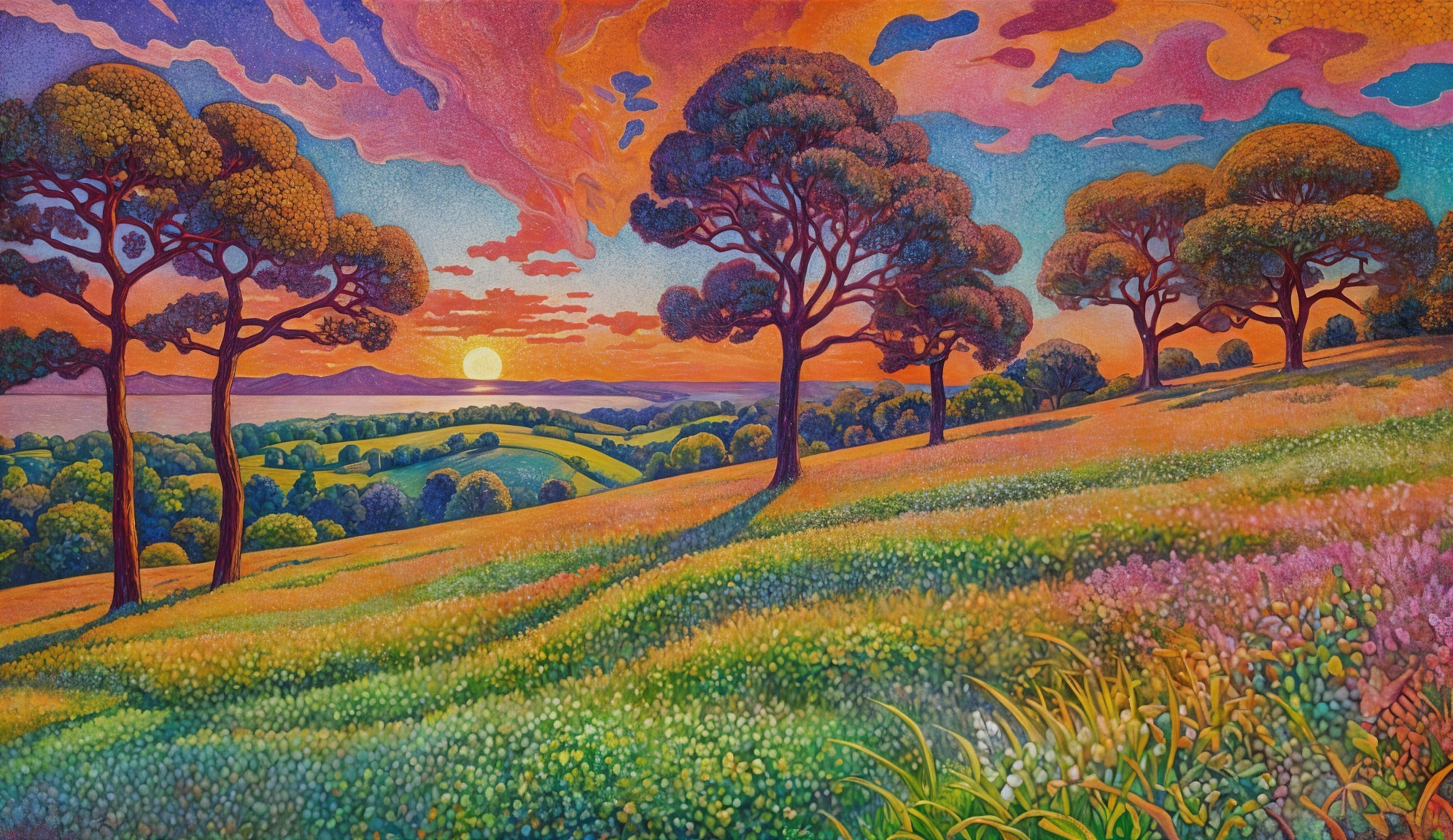 Vibrant Sunset Landscape with Rolling Hills and Wildflowers