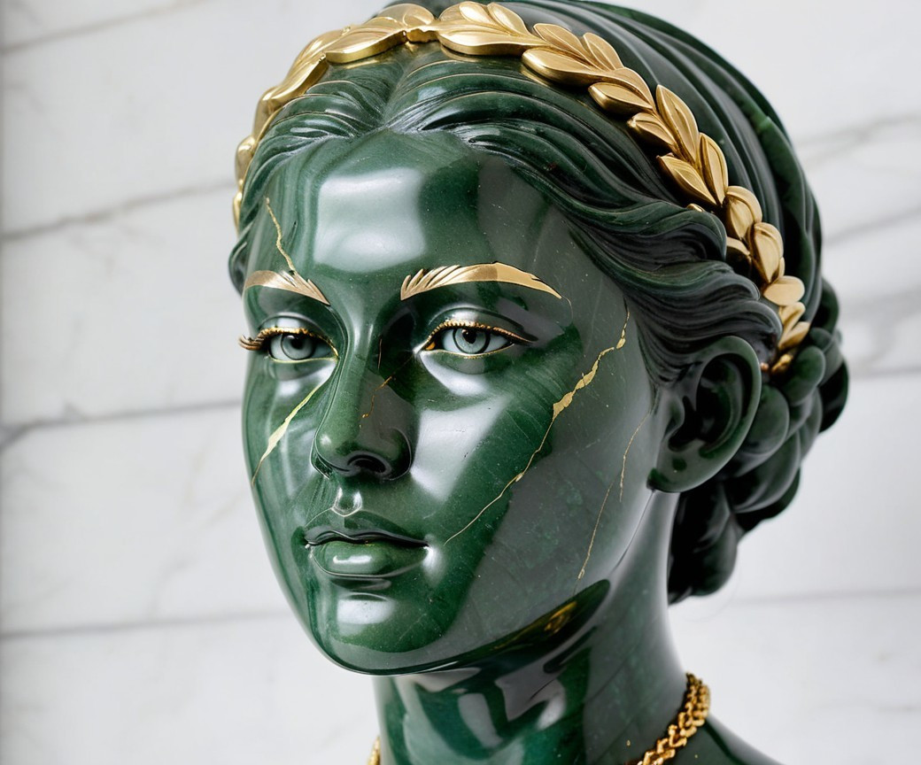 Bust of a Woman in Dark Green Stone with Gold Veins