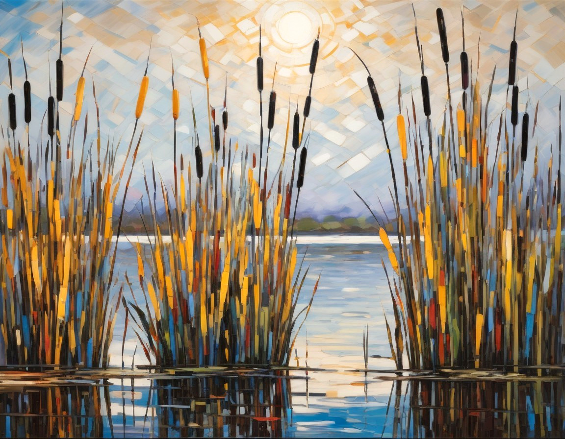 Tranquil Water Scene with Colorful Reeds and Sky