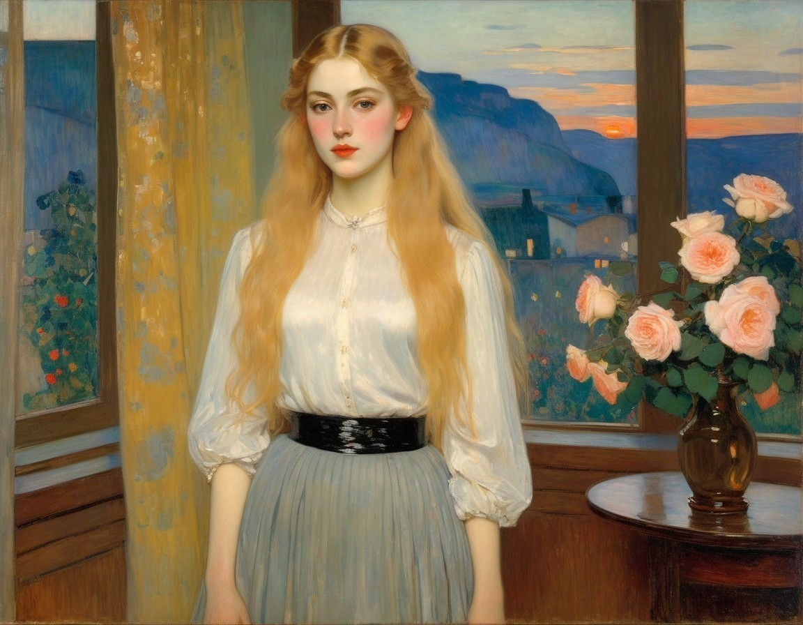 Young Woman by Window with Sunset and Pink Roses