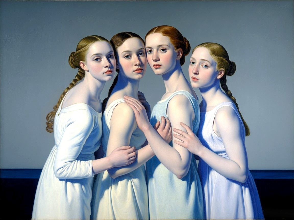 Four Young Women in Light Dresses Against Blue Background