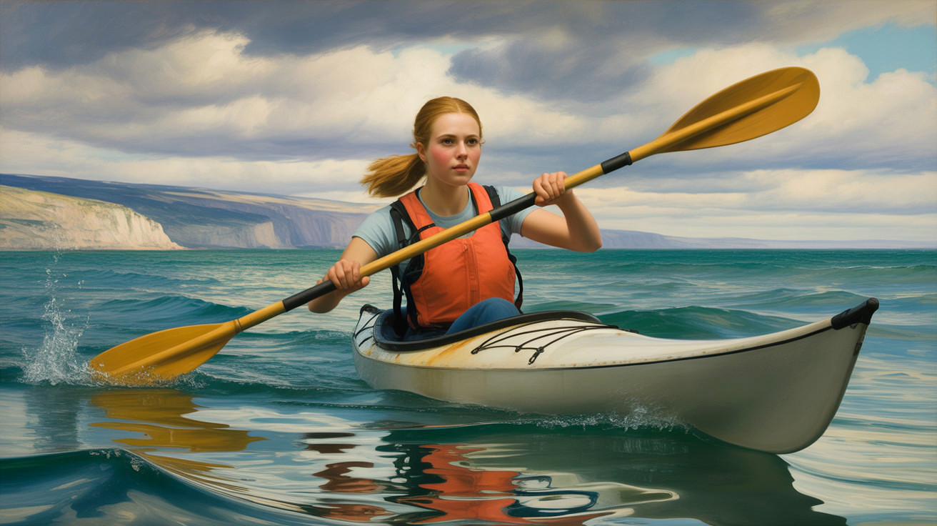 Young woman kayaking in serene waters with cliffs