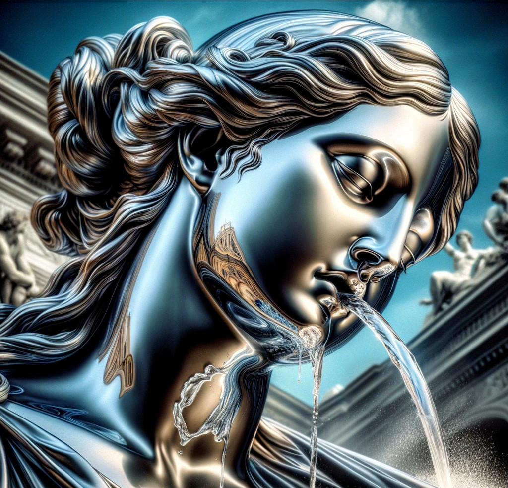 Intricate Metal Sculpture of Woman's Head with Water Flow