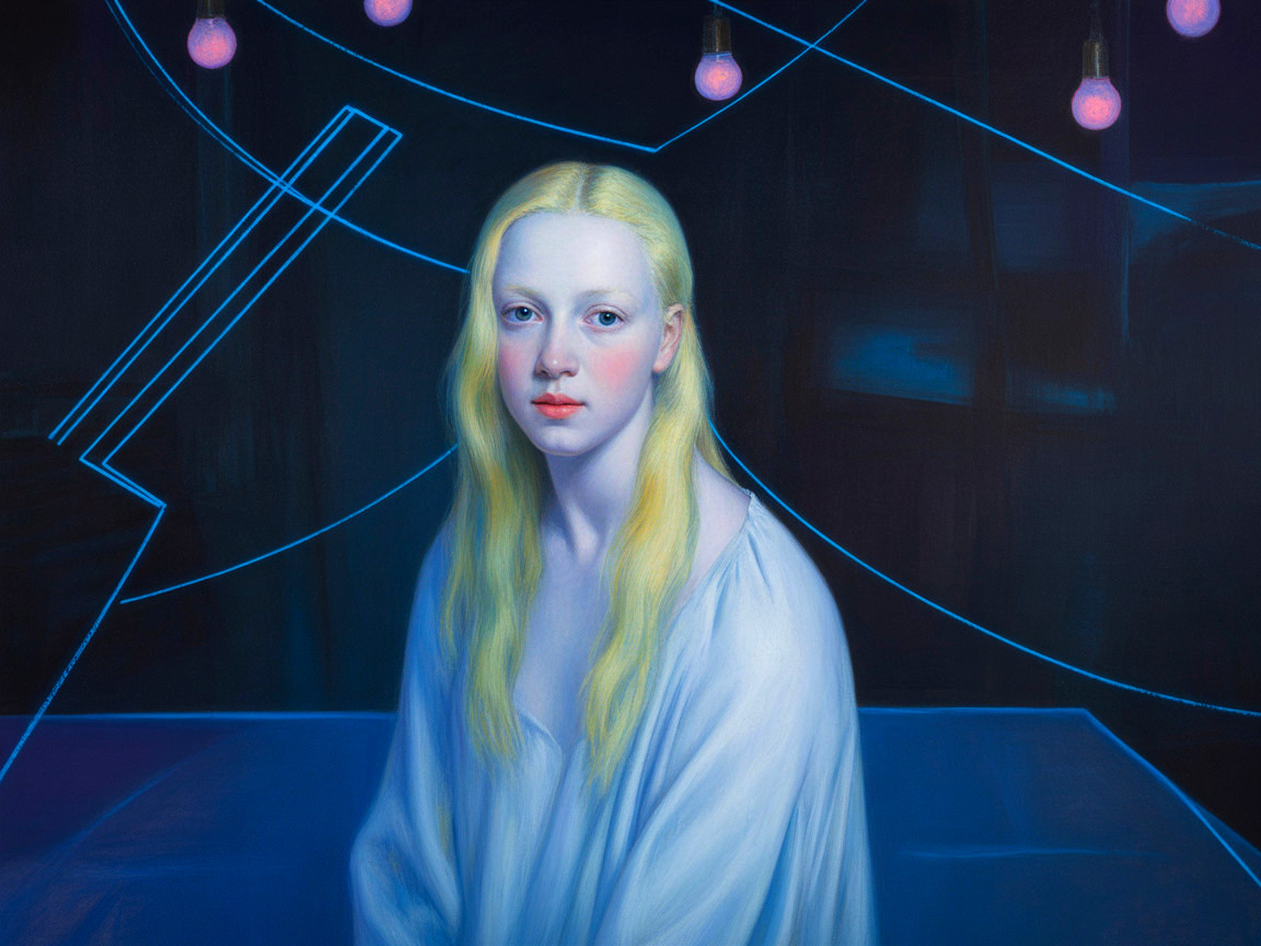 Contemplative Figure in White Garment Against Dark Background