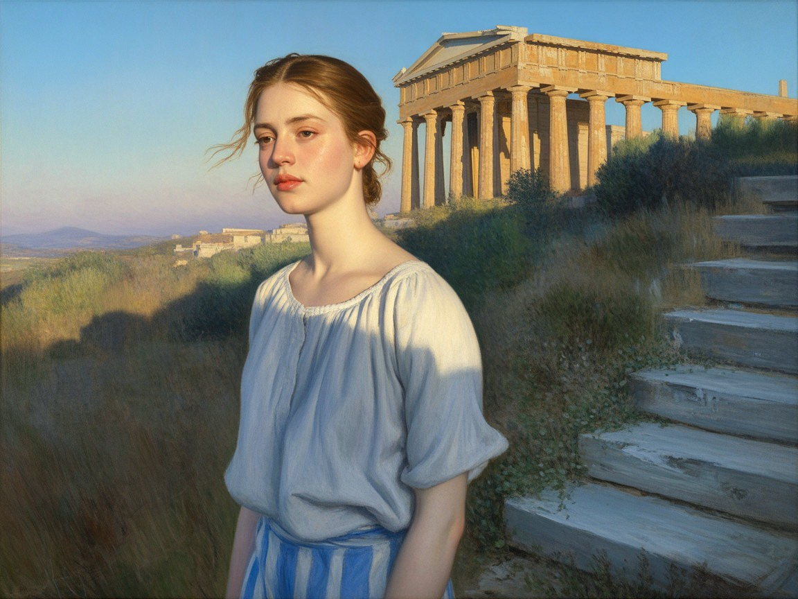 Young Woman by Ancient Ruins in Soft Sunlight
