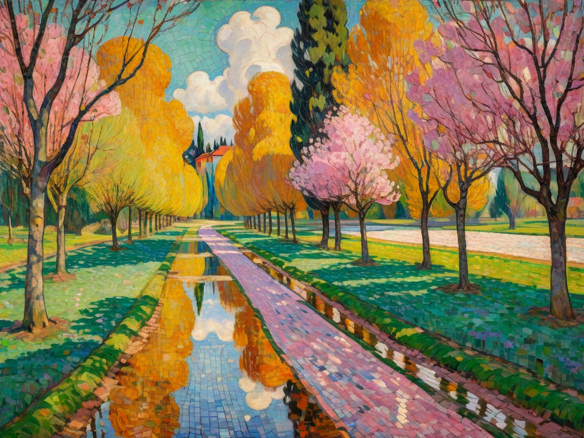 Vibrant Landscape with Colorful Tree-Lined Pathway