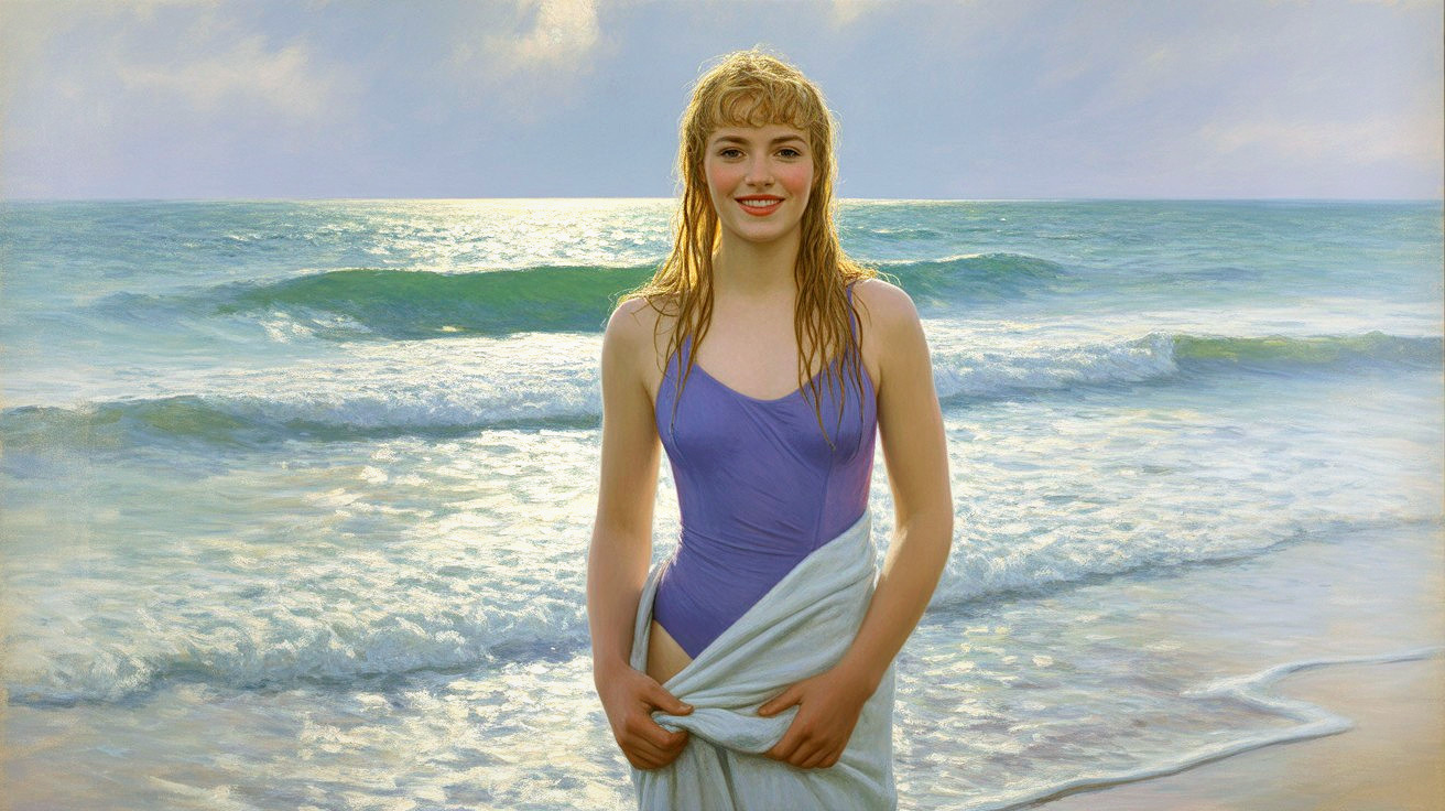 Serene beach scene with a woman in a lavender swimsuit