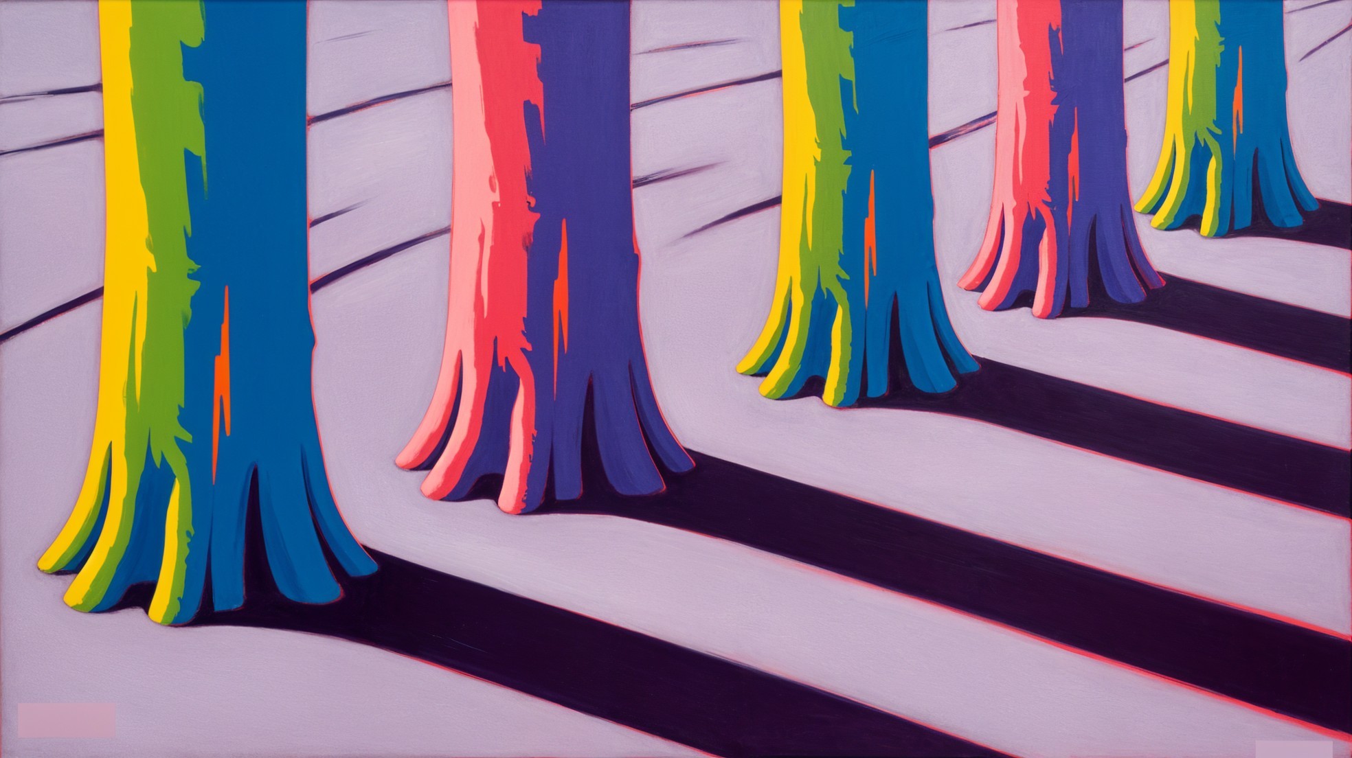 Stylized Tree Trunks in Vibrant Colors and Shadows