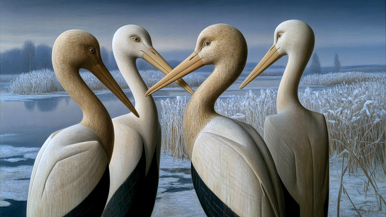 Stylized Storks by a Tranquil Waterway in Winter