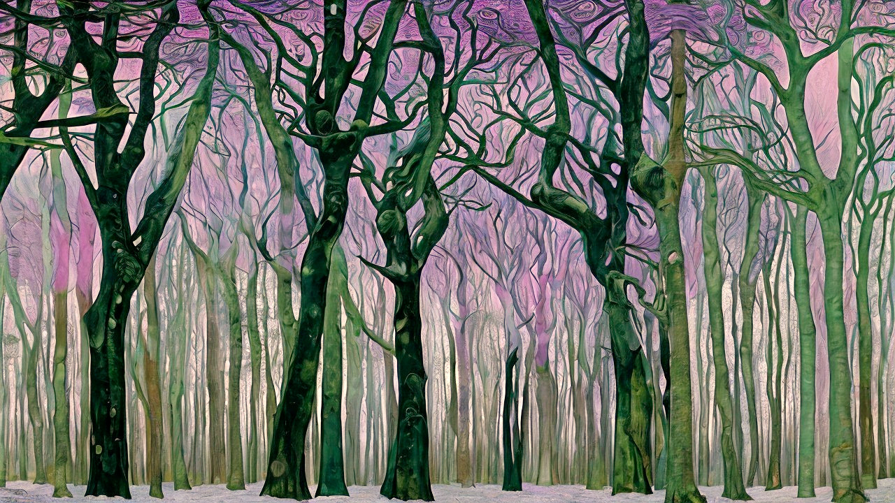 Surreal Forest Scene with Twisting Trees and Pastel Sky