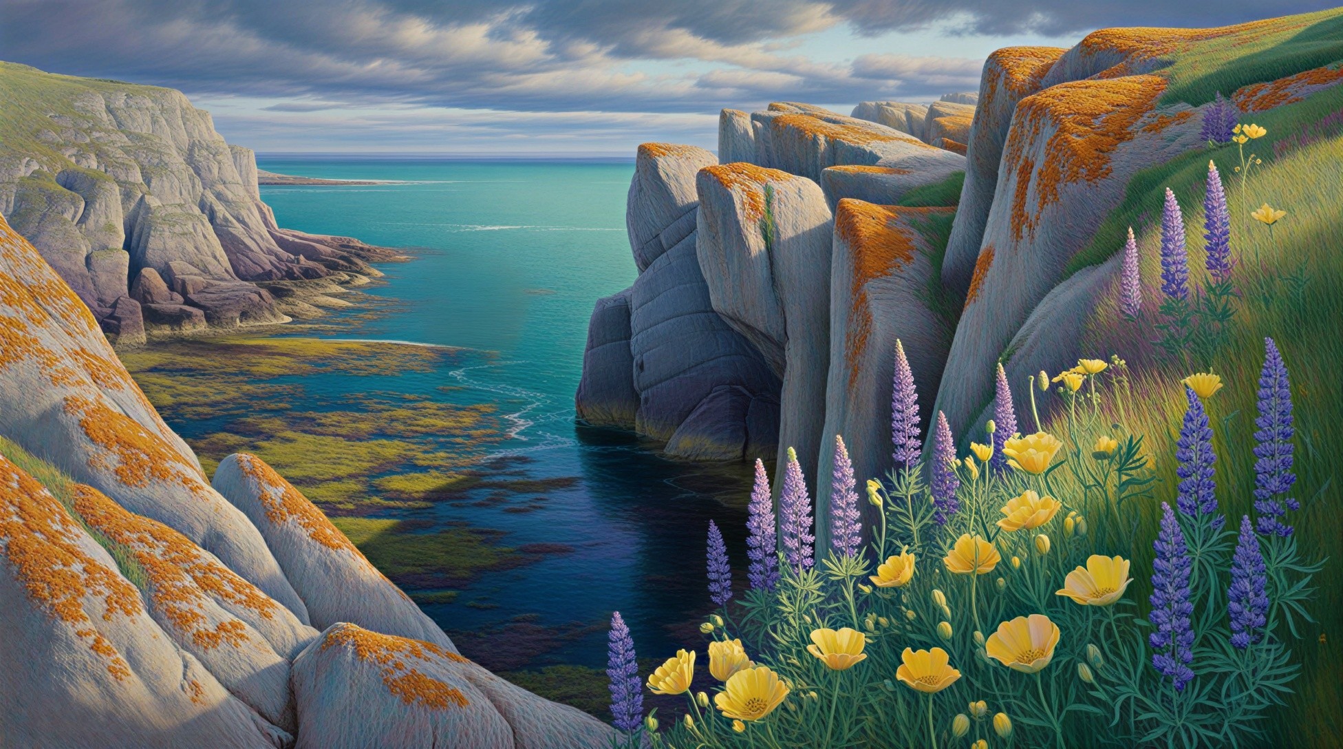 Coastal Scene with Cliffs, Lichen, and Wildflowers