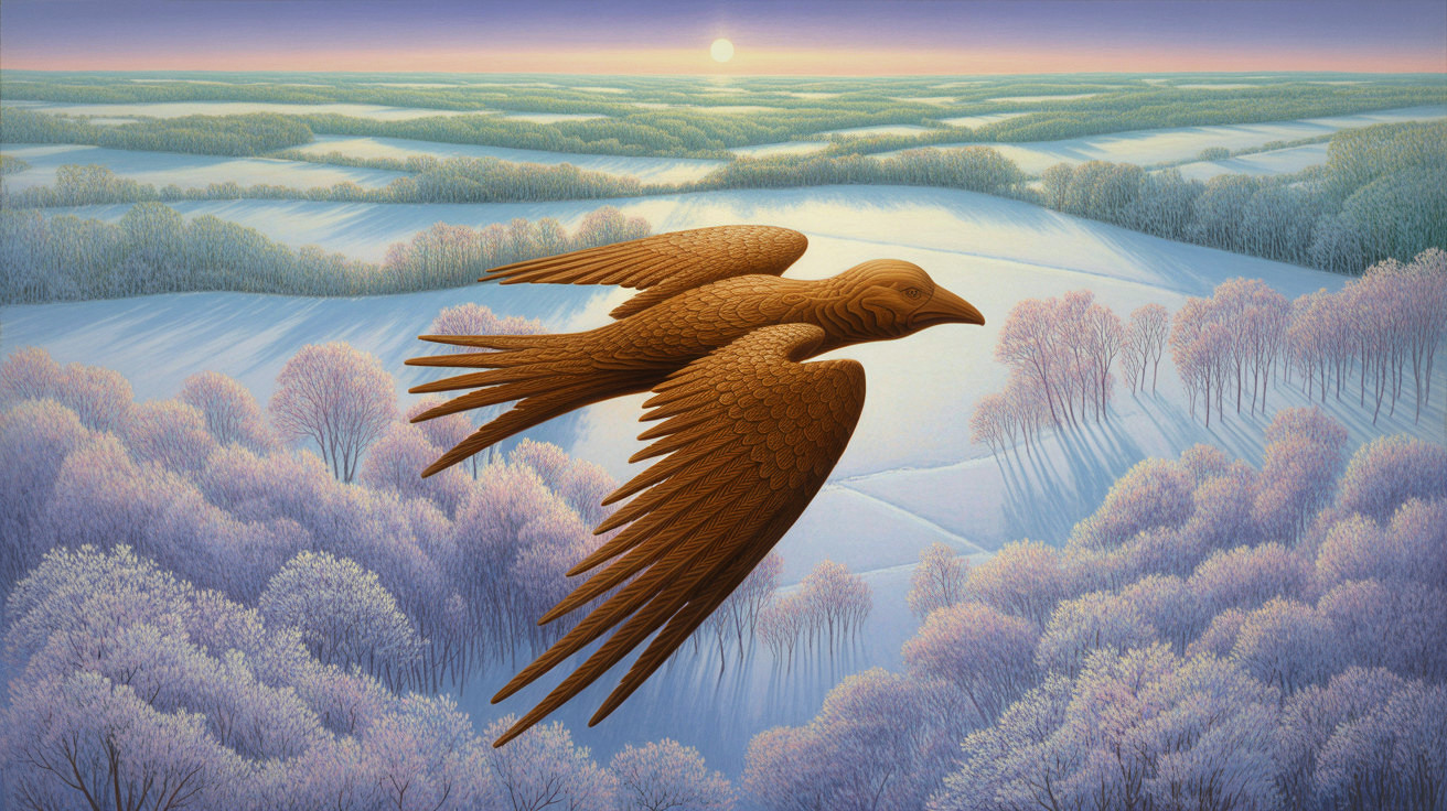 Majestic Bird Over Serene Winter Landscape at Sunrise