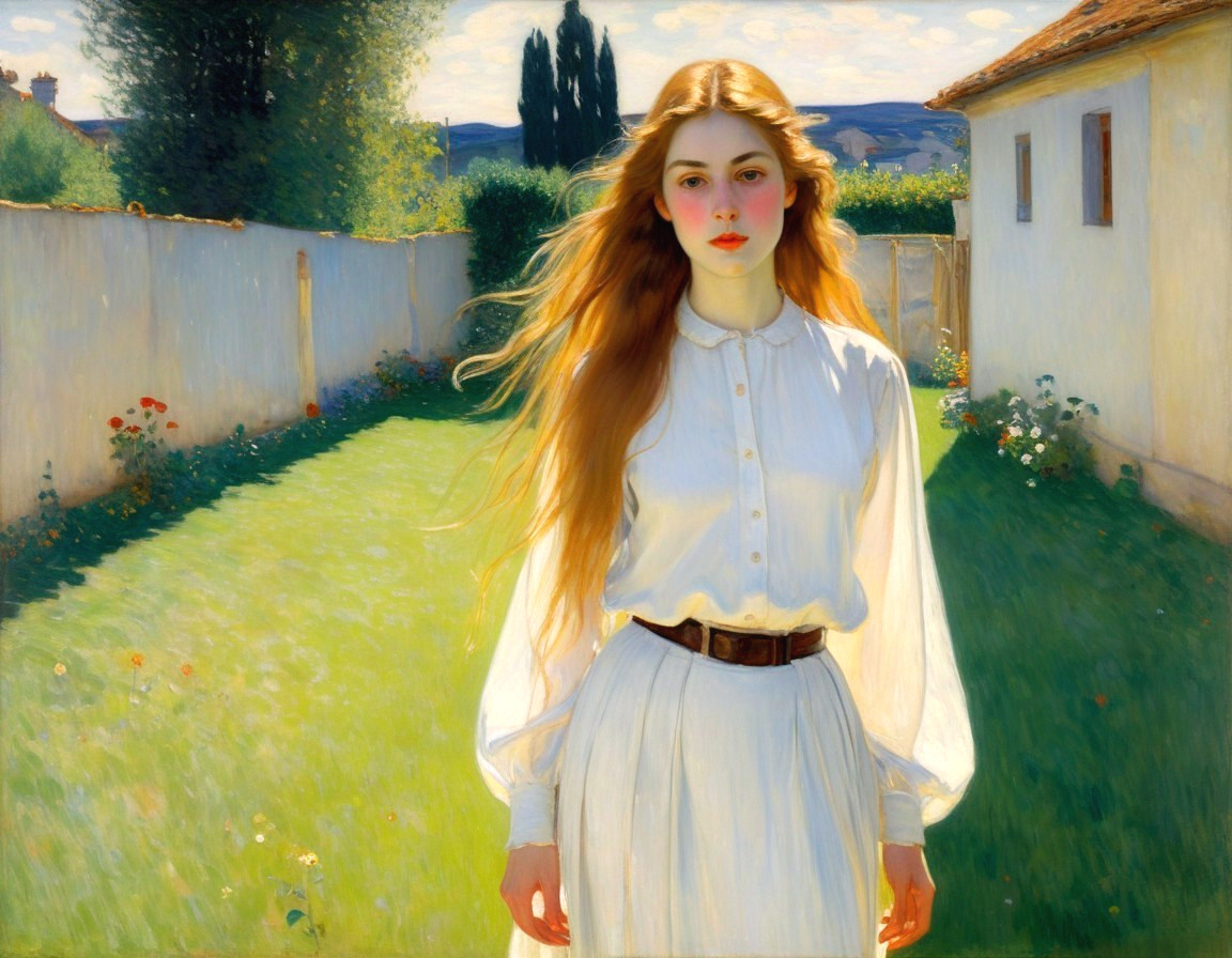 Young Woman in Sunlit Garden with Flowing Hair