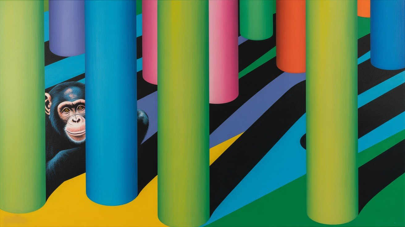 Chimpanzee Behind Colorful Abstract Columns