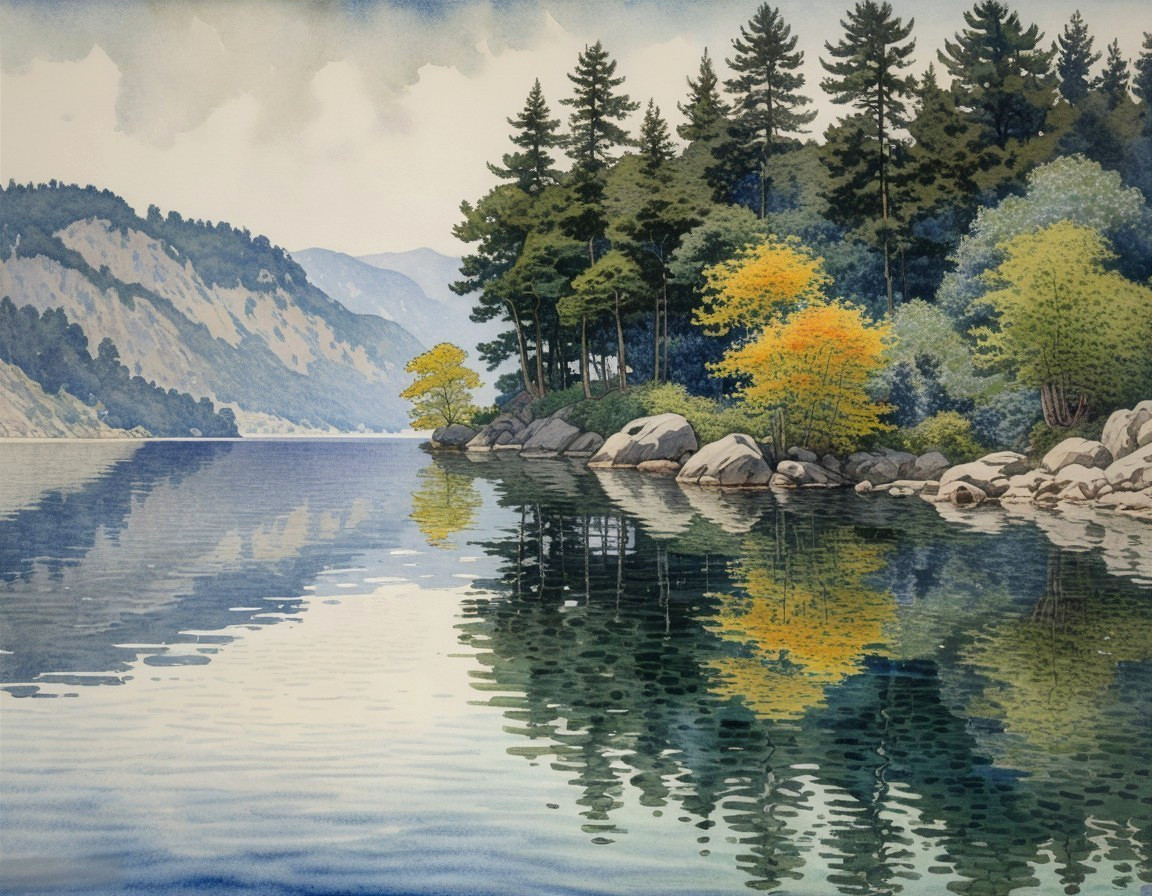 Tranquil Lakeside Scene with Evergreen Trees and Mountains