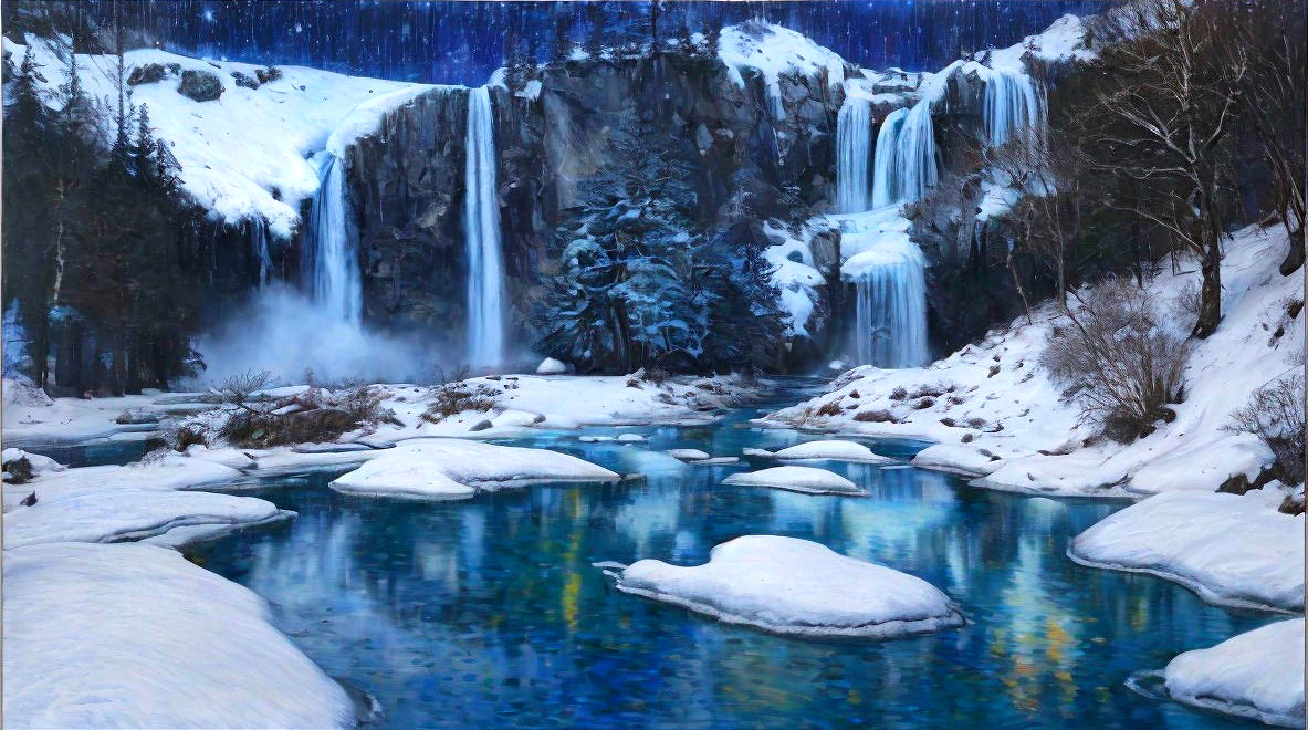 Serene Winter Landscape with Waterfalls and River