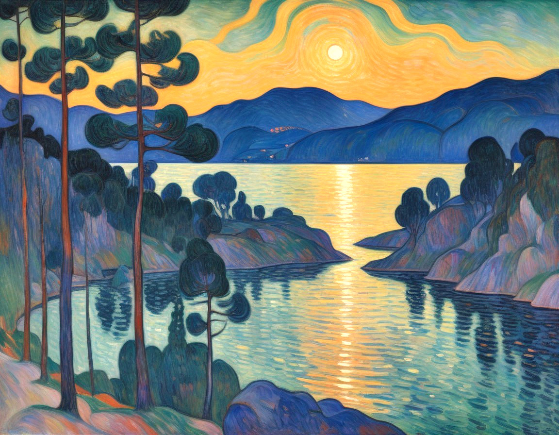 Serene Sunset Landscape with Silhouetted Trees